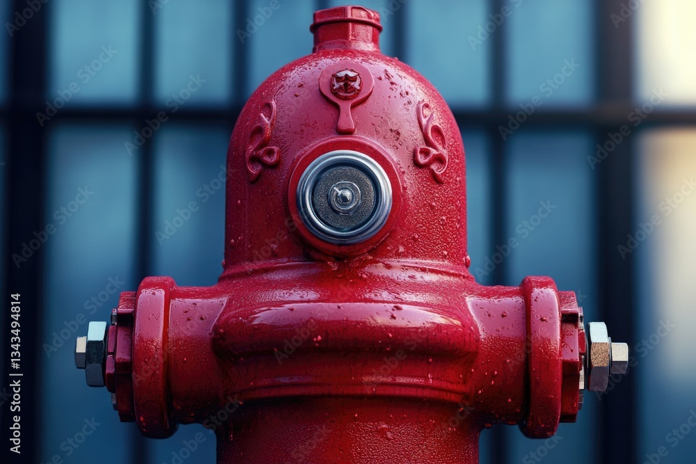 Poster a red fire hydrant stands in front of a building, with no additional context