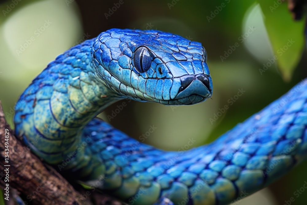 Poster a close-up shot of a blue snake coiled around a tree branch, highlighting its unique color and textu