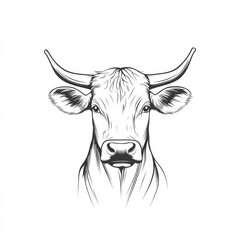 Detailed Line Art Illustration of a Bull's Head, Emphasizing Horns, Eyes, and Facial Features on a Clean White Background