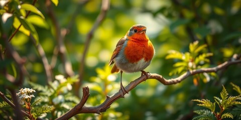 A vibrant little bird perched on a branch, surrounded by lush green foliage and delicate blossoms in the soft sunlight.