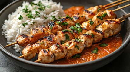 Fototapeta premium Marinated chicken skewers, grilled to perfection, glistening with a rich satay sauce, served with fragrant rice and fresh herbs.