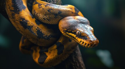 Fototapeta premium Magnificent golden python coiled around branch, showcasing its remarkable textured skin