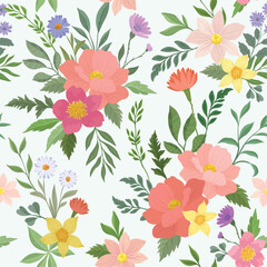 A seamless vector pattern featuring an elegant arrangement of colorful flowers and green leaves, creating a harmonious and natural botanical design