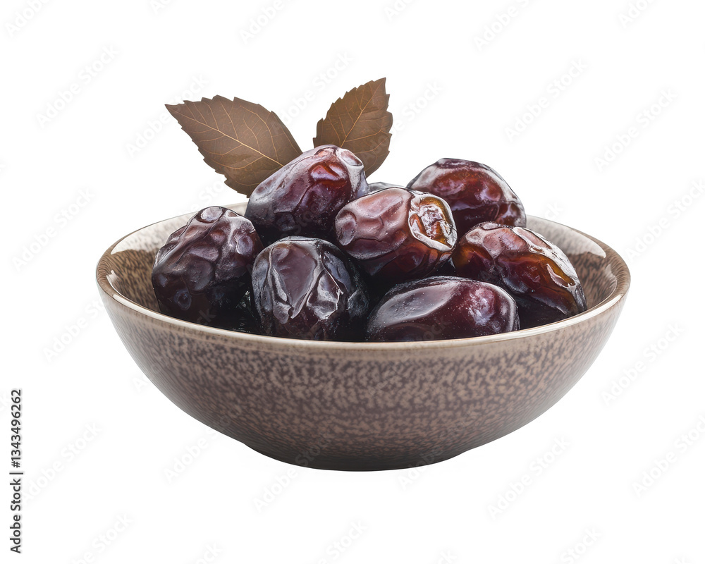 Poster a bowl filled with several dates and two leaves on a black background in a studio shot image
