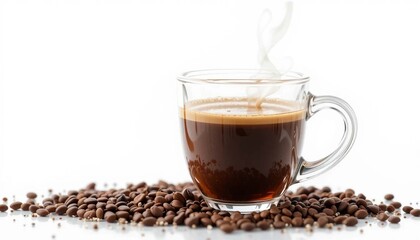 A clear glass mug filled with dark coffee sitting on a pile of roasted coffee beans and steam risingAi generated