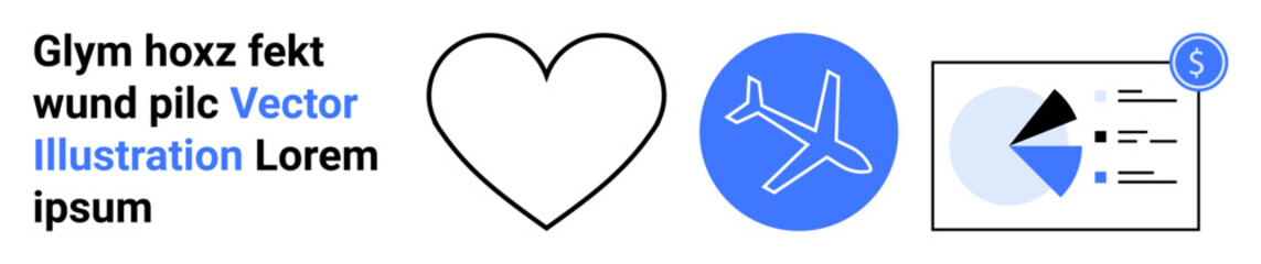 Heart icon, airplane in blue circle, and analytics chart with dollar sign combine concepts of love, travel, finance, and data analysis. Ideal for travel, business, finance analytics