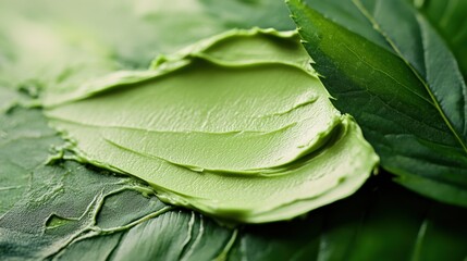 A delicate smear of green cream, reminiscent of a spring meadow, rested gently on the smooth surface of a lush leaf, adding a touch of nature is artistry to the scene.