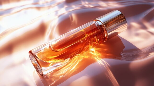 A luxurious, amber-hued serum, a potent elixir of youth, housed in a sleek, transparent bottle, promising to revitalize and illuminate the skin is complexion.
