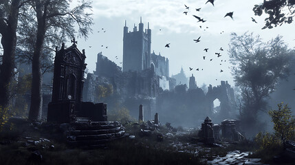 Dark fantasy kingdom with gothic castles and cursed landscapes