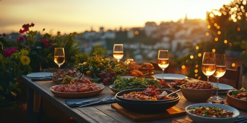 A beautifully set table with delicious food is setup of roof terrace, terrace style dining scene, surrounded by warm lights and a backdrop of sunset