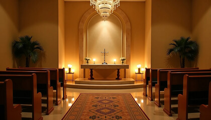 Candlelit prayer room with altar in soft golds and whites
