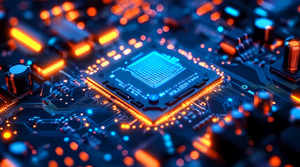 Close-Up of Circuit Board with Glowing Processor