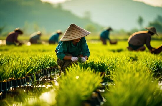 Asian worker working in a rice plantation
