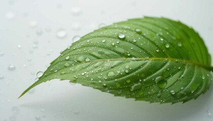 A close up of a single green leaf covered in water droplets on a white surface in a macro shotAi generated
