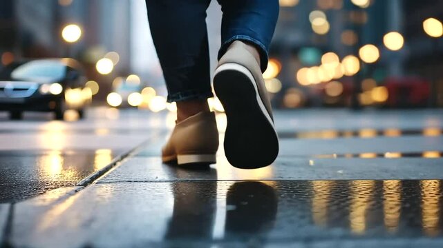 A shocked woman staring at her broken heel on a city sidewalk