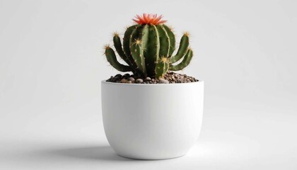 A potted cactus with a pink flower on top sitting on a white background in a white ceramic potAi generated