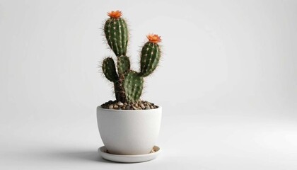 A potted cactus with orange flowers on a white background in a white ceramic pot with pebblesAi generated