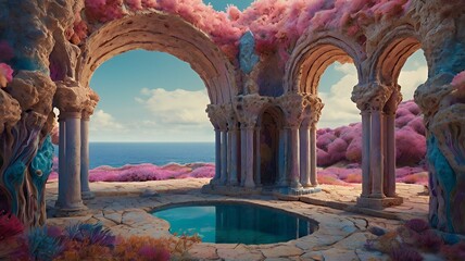Surreal dreamlike landscape with vibrant coral and floral structures creating a fantastical scene