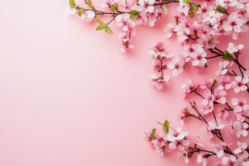 Obraz premium Delicate pink flowers and branches arranged on a pink background