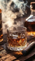Whiskey and cigar set against a wooden table with smoke and bottle in the background