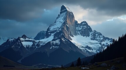 Eiger Mountain in Switzerland at dusk during rainfall. Dark clouds loom over the rugged terrain as raindrops blur the landscape, creating a moody, atmospheric scene. A professional photo.
