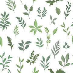 A seamless vector pattern featuring various green leaves in different shapes and shades, creating a fresh and natural botanical design