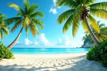 Obraz premium Palm trees swaying gently in warm ocean breeze, film grain, tropical, palm tree