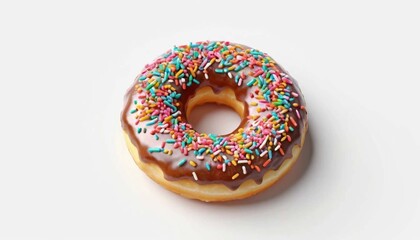 A donut with chocolate frosting and colorful sprinkles on a white background in studio lightingAi generated