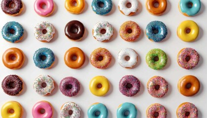 Arrangement of assorted colorful donuts with various toppings on a white surface overhead shotAi generated
