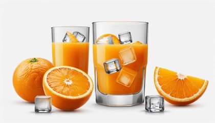 A refreshing display of orange juice with ice cubes and fresh oranges on a white backgroundAi generated