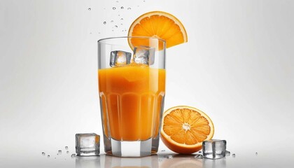 A glass of orange juice with ice cubes and orange slices on a white background in studio lightingAi generated