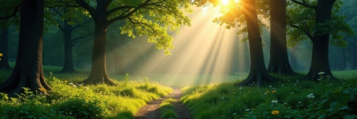 Panoramic forest scene with sunbeams filtering through trees, woodlands, landscape