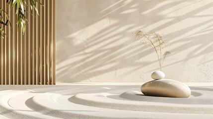 Minimalist Zen Garden with Sand Patterns, Stones, and Bamboo Shadows for Serenity