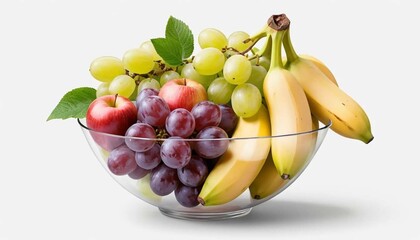 A glass bowl filled with bananas, red apples, green grapes and purple grapes on a white backgroundAi generated