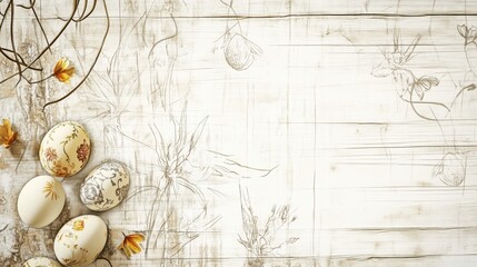 Rustic Easter setting background with handmade eggs on an antique wooden table decorated with elegant faded ornaments and floral prints