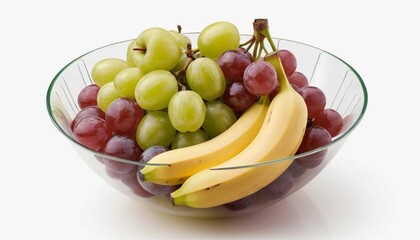 A clear bowl filled with green and red grapes and two bananas on a white background surfaceAi generated