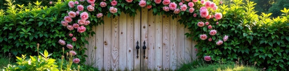 Pastel pink floral banner draped over a vintage wooden gate with lush greenery , gate, floral