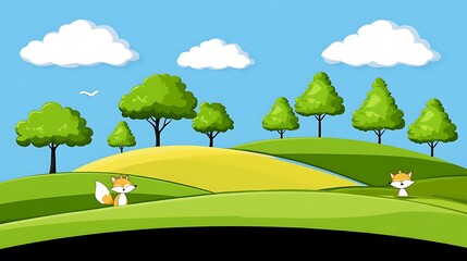 Cartoon foxes stand among rolling hills with trees and fluffy clouds