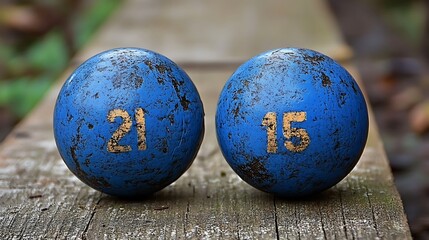 Two weathered blue balls numbered 21 and 15 on wood.