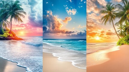 Vertical banner showcase of exotic tropical beaches with palm trees and stunning natural landscapes