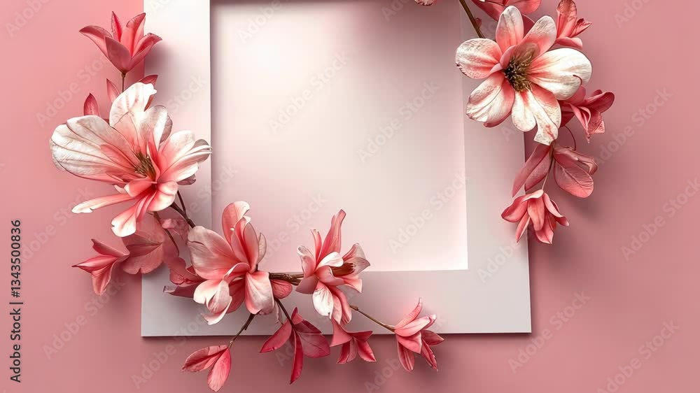 Poster floral design features pink blossoms arranged around a simple frame against a soft pastel background