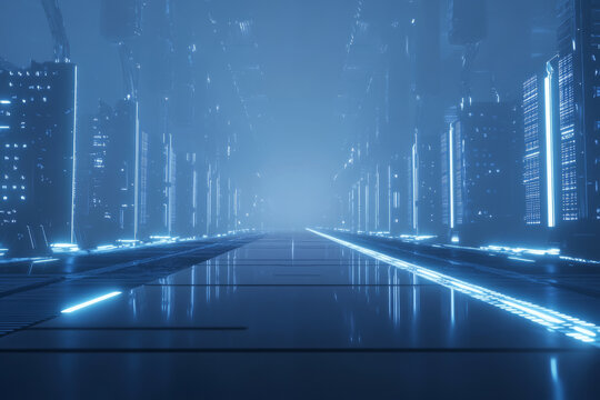 A 3D background of a futuristic data center, with endless rows of glowing blue server racks stretching into the distance. The floor is sleek and reflective, while a subtle mist adds depth to the