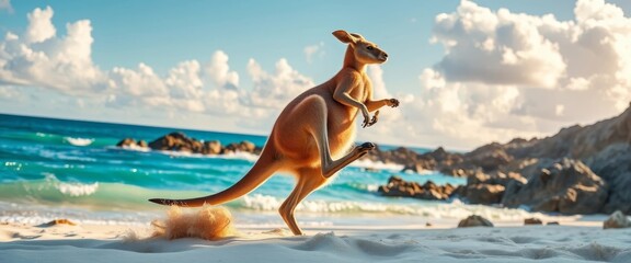A Red Kangaroo Bounds Joyfully Along a Pristine Sandy Beach at Sunset, Ocean Waves Gently Crashing in the Background