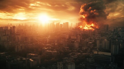 Fototapeta premium Devastated cityscape after a catastrophic explosion with fiery mushroom cloud
