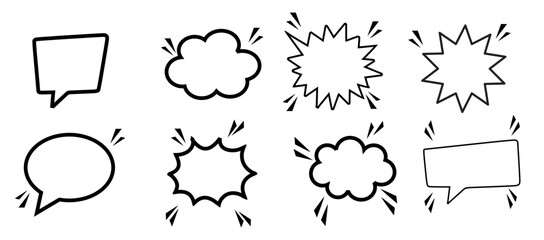 Cartoon think empty simple retro comic style speech cloud bubbles set. Hand drawn pop art, vintage speech clouds, thinking bubbles, and conversation text elements. Vector illustration