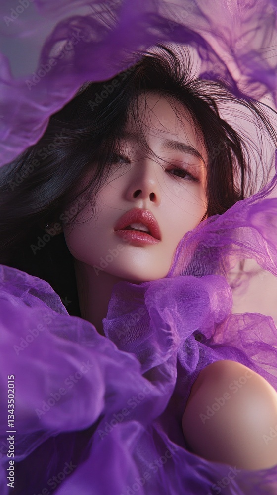 Poster in a swirl of dazzling purple fabric, a captivating figure gazes with alluring intensity. the soft l