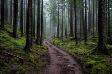 Obraz premium Misty Forest Path Mossy Trail Green Woods Coniferous Trees