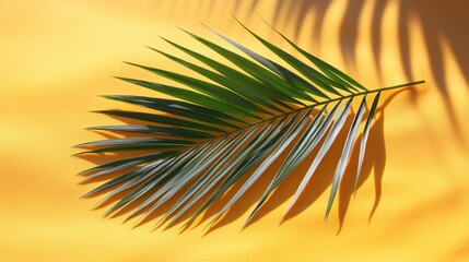 Fototapeta premium A palm leaf, its veins a testament to the strength of nature, rests majestically on a sun-baked expanse of yellow sand.