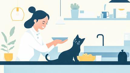 A female staff member at a cat hotel feeding a cat, engaging with the animal, and providing companionship to prevent loneliness in the absence of its owner