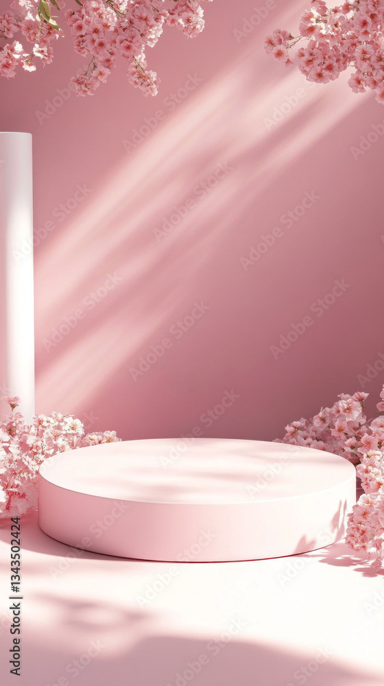 Aufkleber A soft pink platform is surrounded by delicate cherry blossoms, illuminated by gentle sunlight filtering through, creating a serene and inviting ambiance for creative presentations